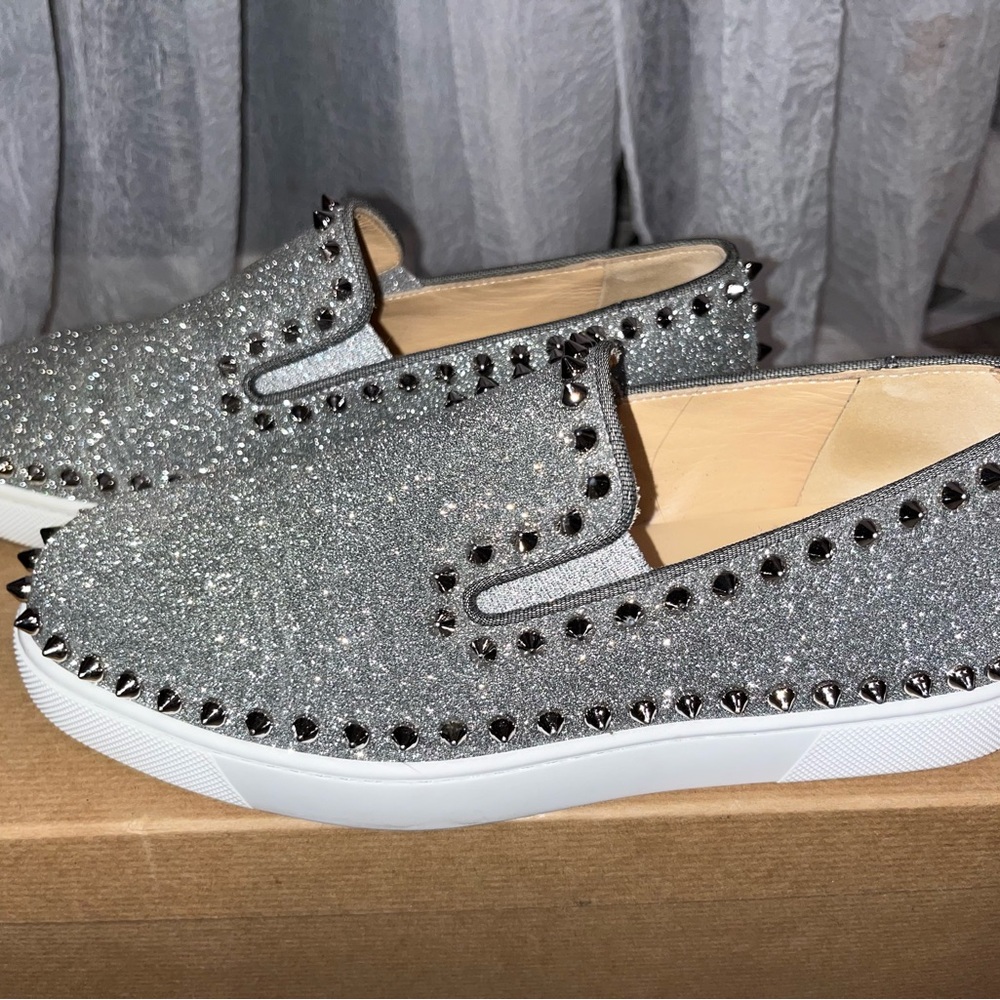 Christian Louboutin Calfskin Spikes Pik Boat Glitter Sneakers 37.5 Silver